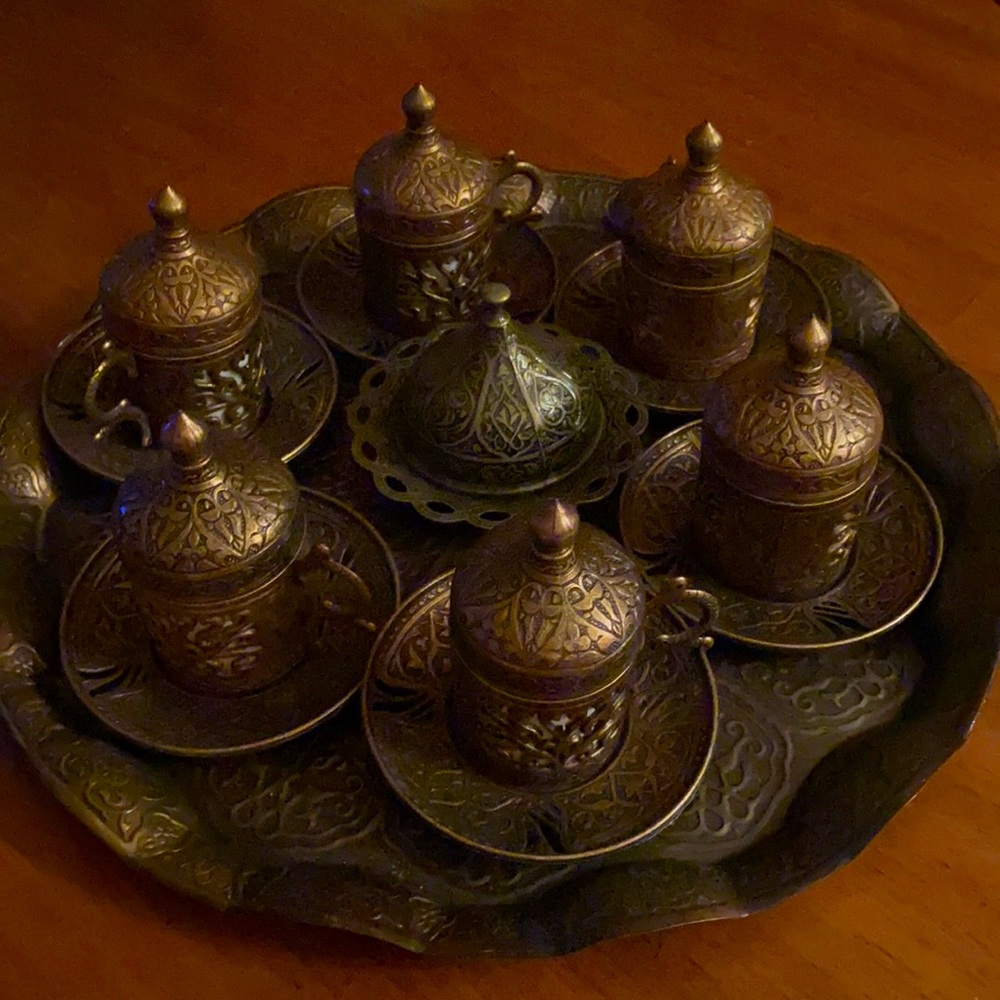 Antique espresso coffee cup holders with tray.